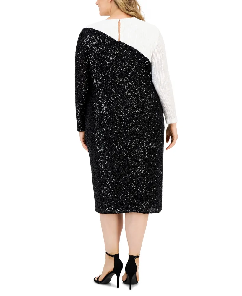 Anne Klein Plus Sequined Colorblocked Long-Sleeve Dress