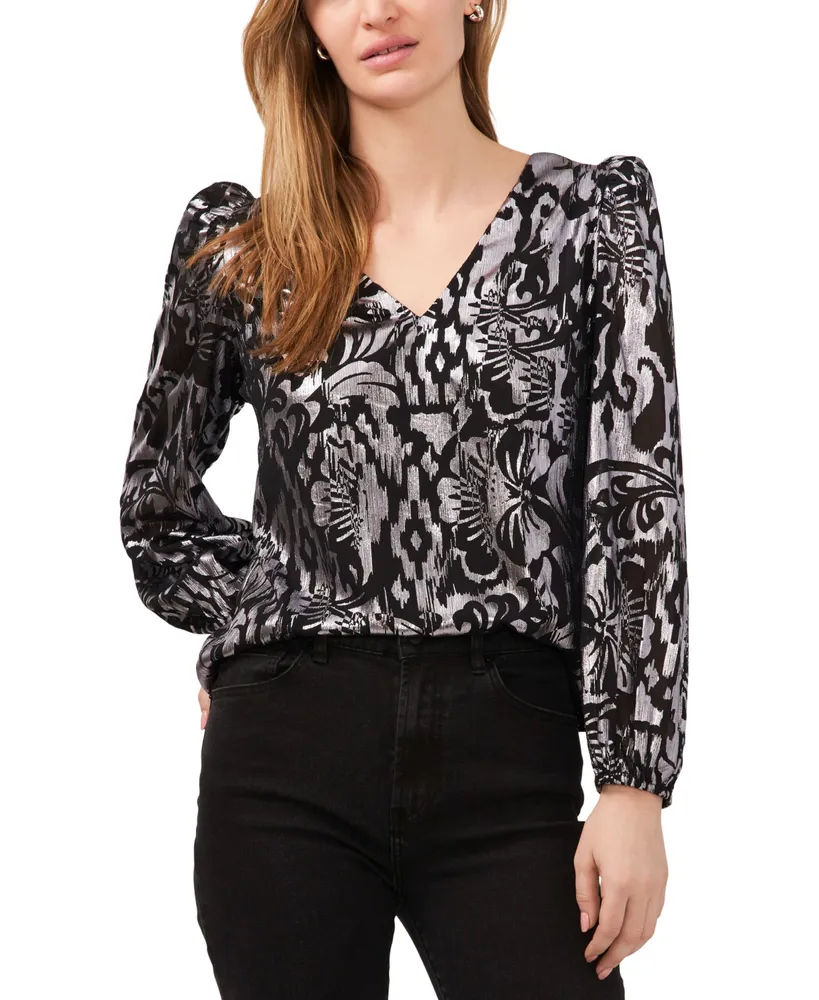 1.state Women's Metallic-Print Puff-Sleeve V-Neck Blouse