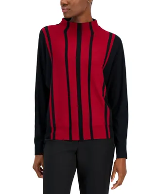 T Tahari Women's Striped Funnel-Neck Dolman-Sleeve Sweater