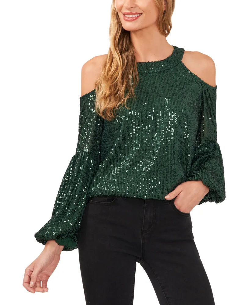 CeCe Women's Sequined Long Sleeve Cold-Shoulder Blouse