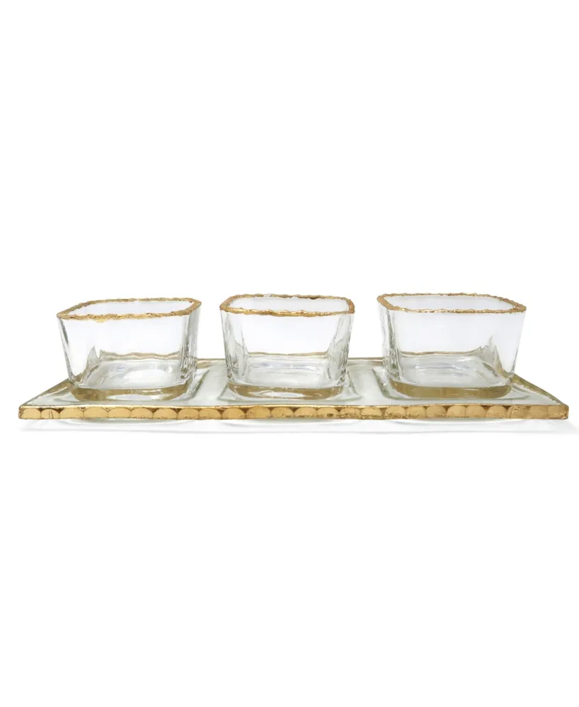 3 Bowl Relish Dish on Tray with Gold-Tone Rim, 4 Piece Set