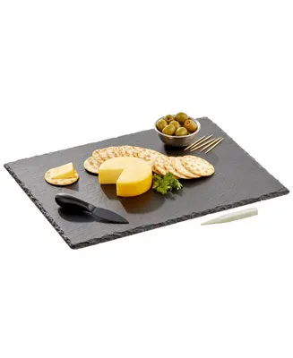 mDesign Slate Stone Serving Charcuterie Tray and Chalk Pencil, Food Board, Black