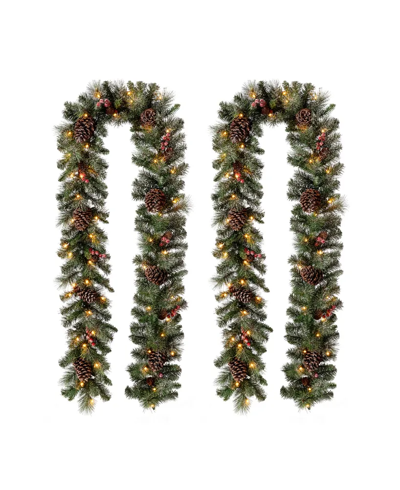 Glitzhome 9' Pre-Lit Glittered Pine Cone Christmas Garland with Warm Led Lights, 2 Pack