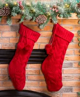 Glitzhome 2 Pack 24" L Knitted Polyester Christmas Stocking with Pom Pom Ball, Red