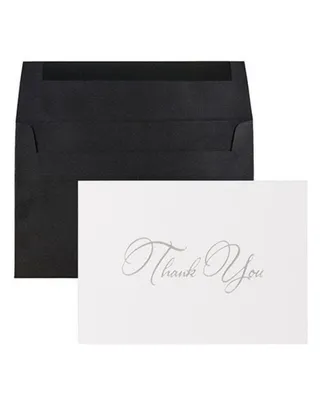Jam Paper Thank You Card Sets - Silver-Tone Script Cards with Black Linen Envelopes - 25 Cards and Envelopes