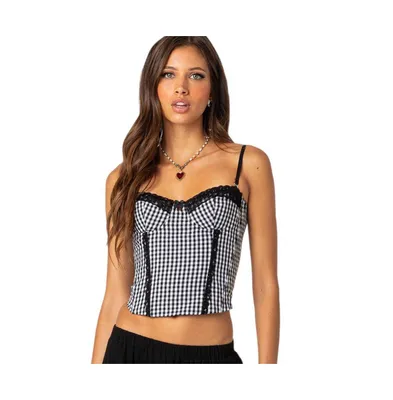 Gingham lace up cupped corset - Black-and