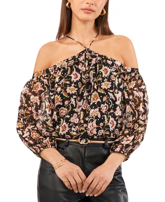 1.state Women's Printed High-Neck Long-Sleeve Blouse