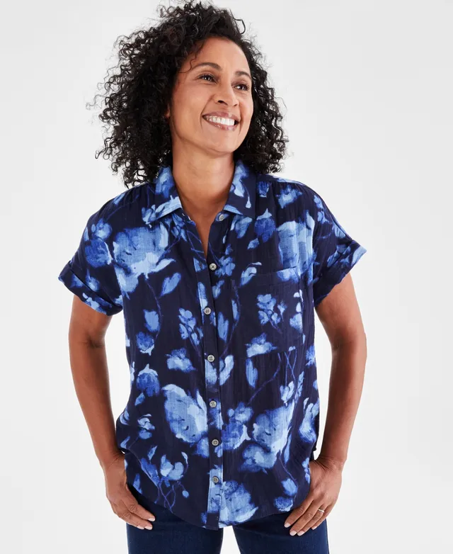 Style & Co Women's Printed Cotton Gauze Camp Shirt, Created for Macy's