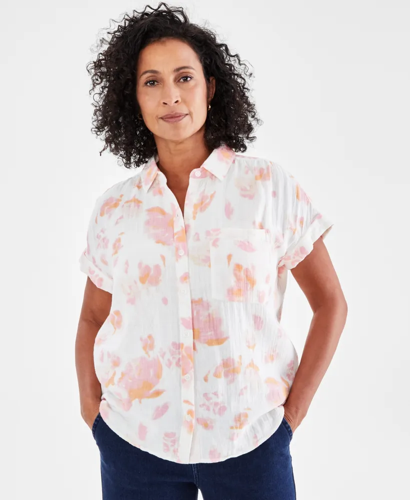 Style & Co Women's Printed Cotton Gauze Camp Shirt, Created for Macy's