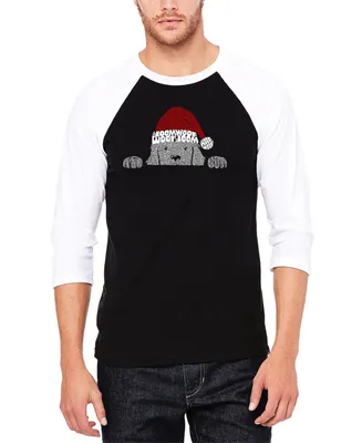 La Pop Art Men's Christmas Peeking Dog Raglan Baseball Word T-shirt