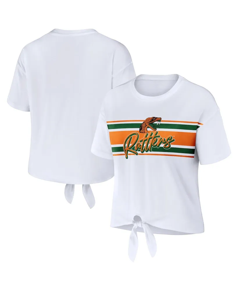 Women's Wear by Erin Andrews White Florida A&M Rattlers Striped Front Knot Cropped T-shirt