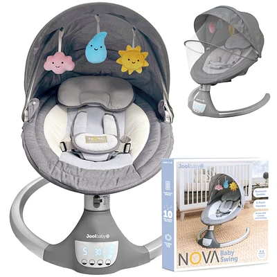 Jool Baby Nova Swing for Newborns - Electric Motorized Infant Swing, Bluetooth Music, 10 Preset Melodies, Remote (Updated Model, Gray)