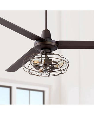 60" Turbina Industrial Indoor Ceiling Fan with Led Light Remote Control Oil Rubbed Bronze Cage for Living Room Kitchen House Bedroom Kids Room Family