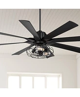 Possini Euro Design 60" Defender Modern Industrial Indoor Ceiling Fan with Led Light Remote Control Matte Black Metal Cage for Living Kitchen House Be