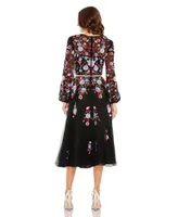 Women's Sequined Floral High Neck Puff Sleeve Cocktail Dress