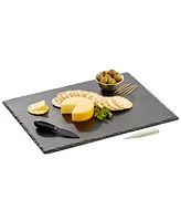 mDesign Slate Stone Serving Charcuterie Tray and Chalk Pencil, Food Board, Black