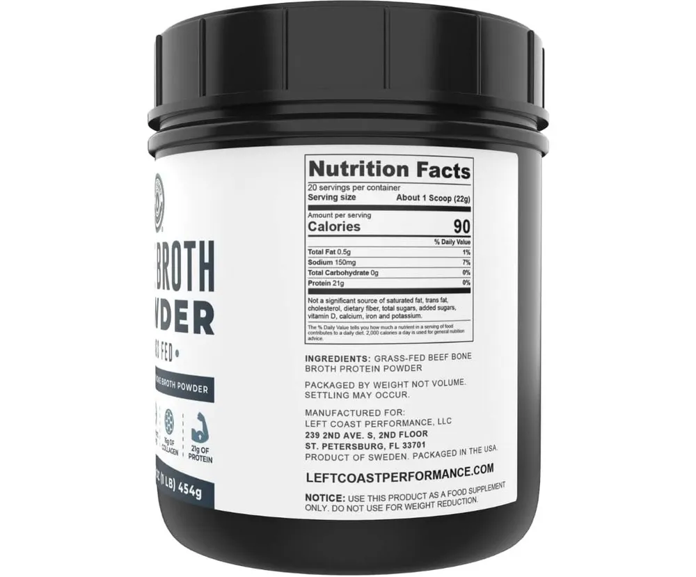 Left Coast Performance Bone Broth Protein Powder Grass Fed Beef Unflavored | Rich in Collagen, Glucosamine, Gelatin, Paleo Protein Powder | Gut