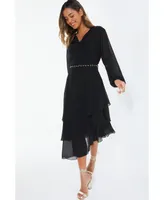 Quiz Women's Black Long Sleeve Chain Belt Dress