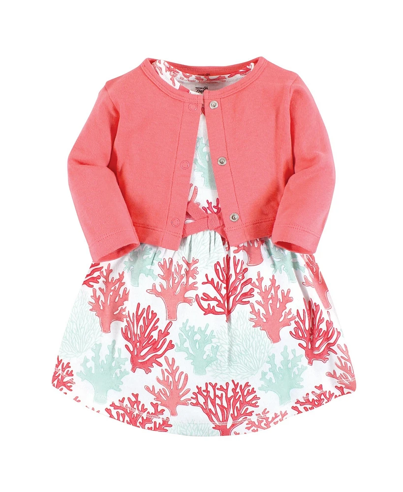 Touched by Nature Toddler Girls Organic Cotton Dress and Cardigan 2pck, Coral Reef