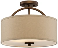 Possini Euro Design Halsted Mid Century Modern Ceiling Light Semi-Flush Mount Fixture Brushed Bronze 15" Wide Oatmeal Linen Drum Shade for House Bedro