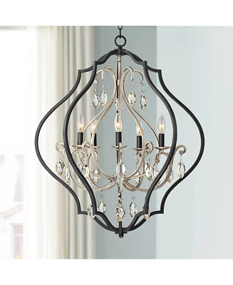 Possini Euro Design Clara Black Antique Silver Ornate Cage Pendant Chandelier 27" Wide Amber Crystal 5