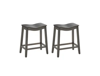 Set of 2 Pu Leather Saddle Bar Stools with Rubber Wood Legs