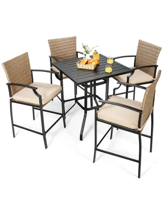 5 Pieces Outdoor Rattan Bistro Bar Stool Table Set with Cushions