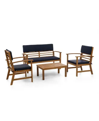Furniture of America 4 Piece Acacia Patio Bench Table Set with Cushions