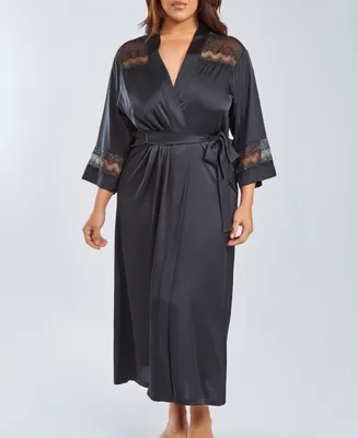 iCollection Plus Silky Stretch Satin Long Robe with Lace Trims
