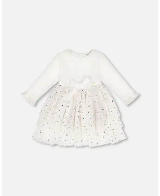 Girl Bi-Material Long Sleeve Dress With Glittering Tulle Skirt Off White - Toddler|Child
