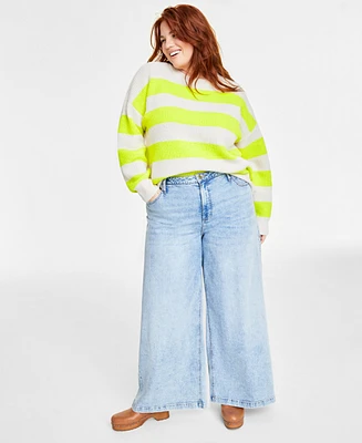 On 34th Plus Crewneck Striped Shaker Sweater, Created for Macy's