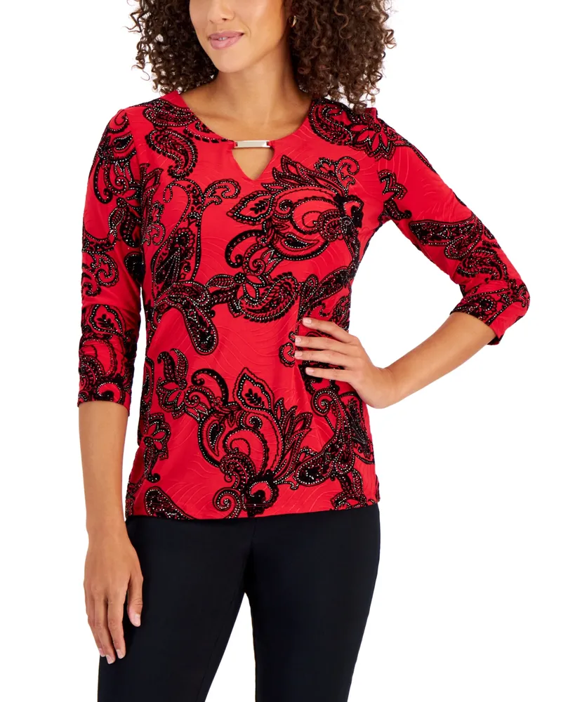 Jm Collection Women's Embellished Jacquard Keyhole Top, Created for Macy's