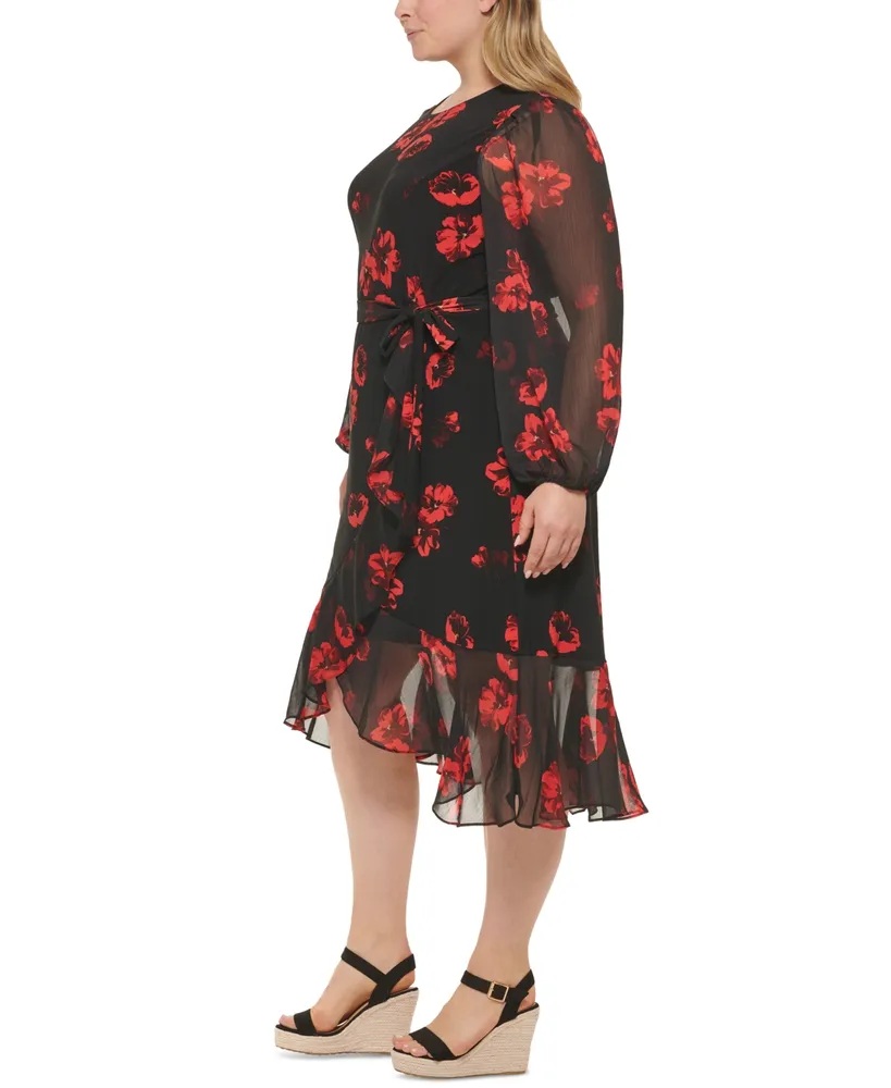 Tommy Hilfiger Plus Size Floral Chiffon Flounce-Hem Dress