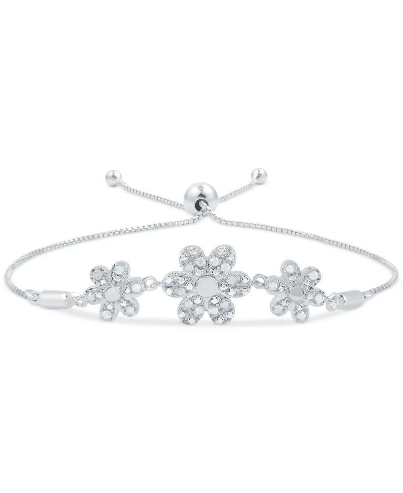 Diamond Triple Flower Bolo Bracelet (1/6 ct. t.w.) in Sterling Silver