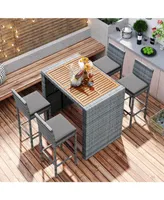 5-Pieces Outdoor Patio Wicker Bar Set, Bar Height Chairs With Non-Slip Feet And Fixed Rope