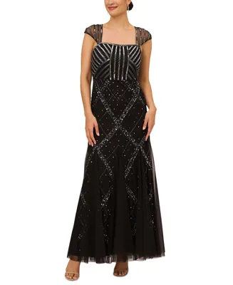Papell Studio Women's Cap-Sleeve Square-Neck Embellished Gown