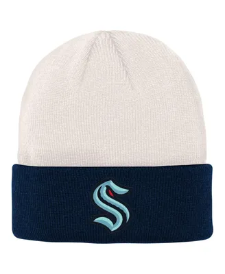 Big Boys and Girls Cream, Deep Sea Blue Seattle Kraken Logo Cuffed Knit Hat
