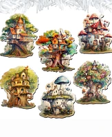 Designocracy Holiday Wooden Clip-On Ornaments Tree House Set of 6 G. DeBrekht