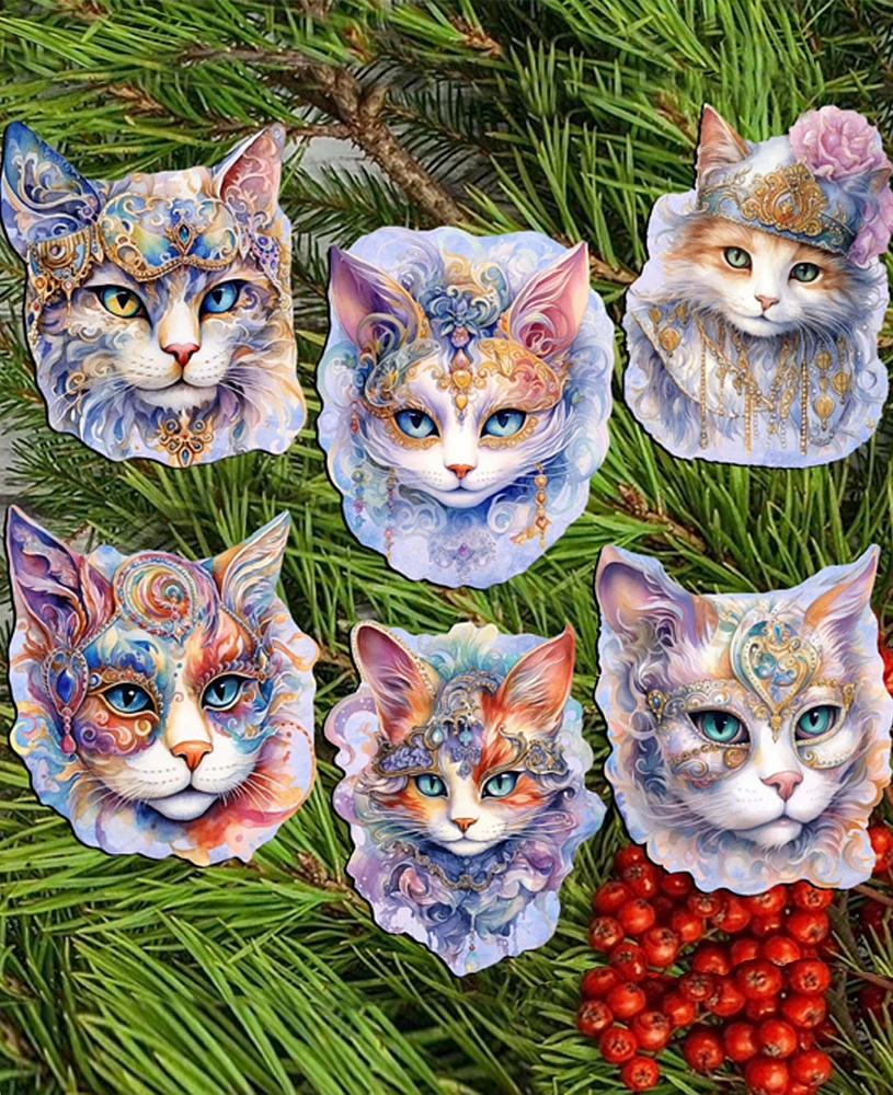 Designocracy Cat in the Mask Christmas Wooden Clip-On Ornaments Set of 6 G. DeBrekht