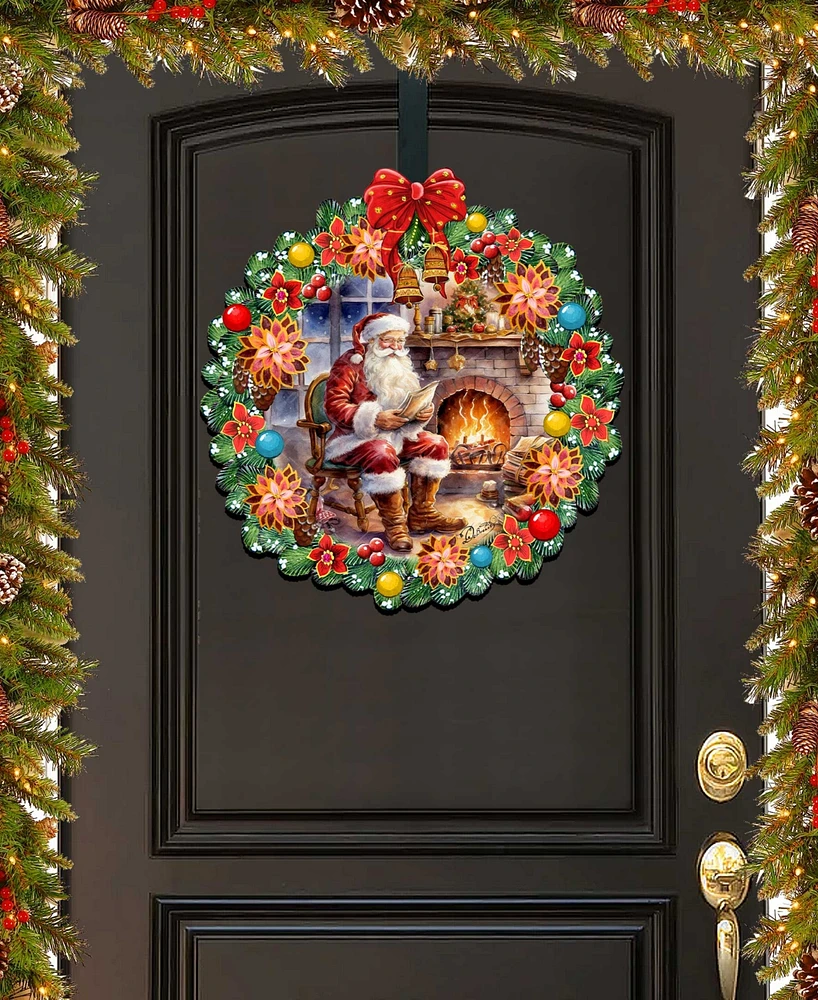 Designocracy Santa at the Fireplace Wreath Christmas Wooden Door Hanger Door Decor G. DeBrekht