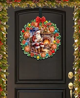 Designocracy Santa at the Fireplace Wreath Christmas Wooden Door Hanger Door Decor G. DeBrekht