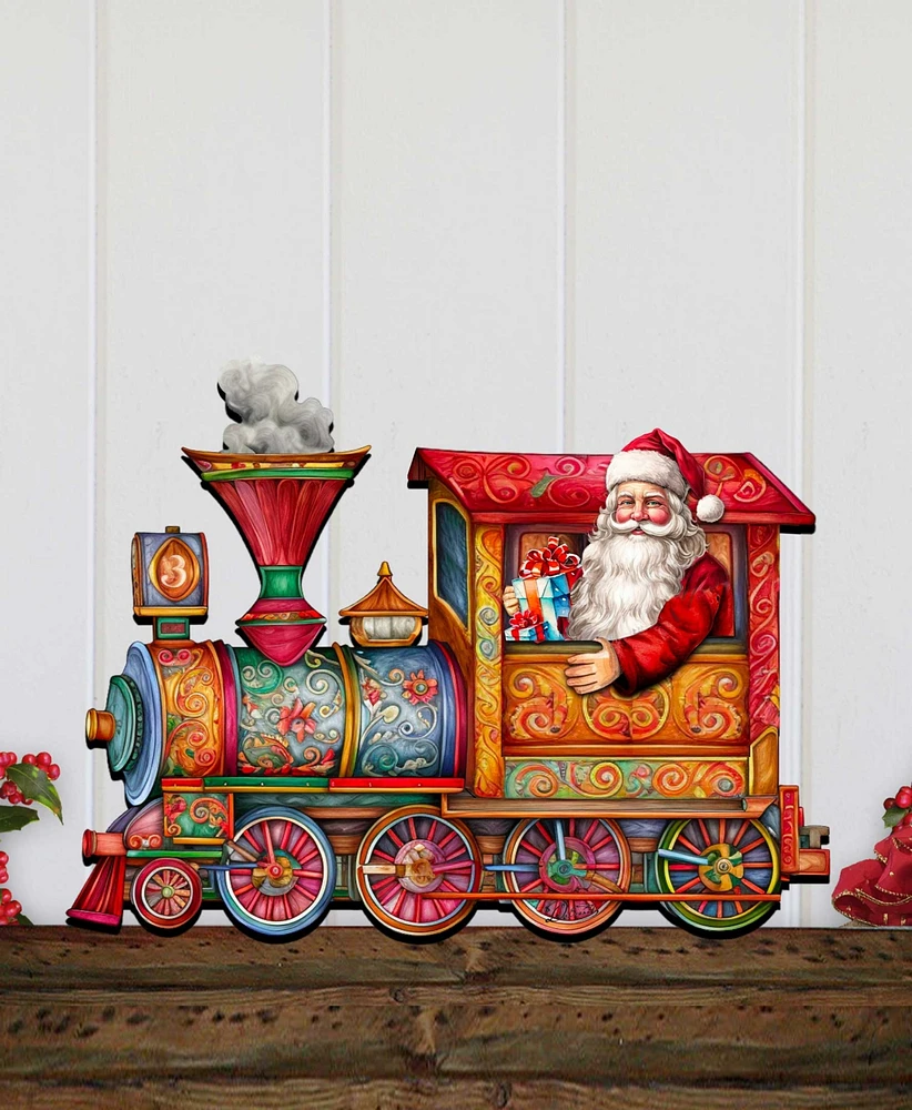 Designocracy Santa's Train Holiday Christmas Wooden Door Hanger Door Decor G. DeBrekht
