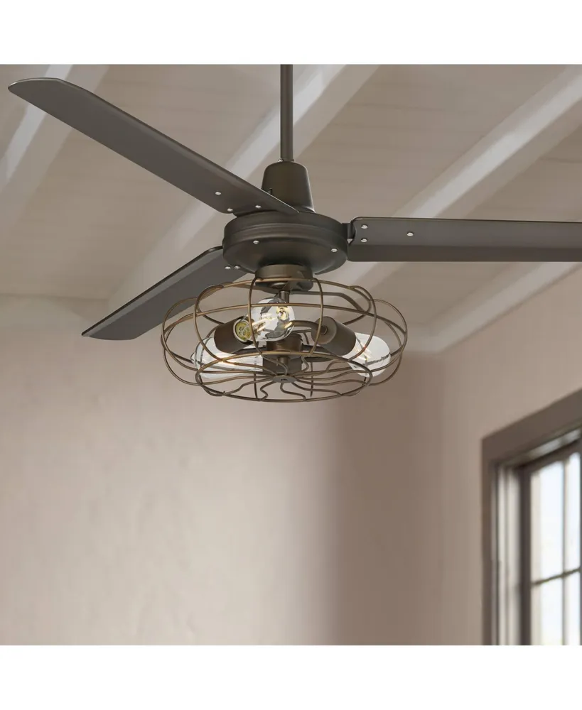 52" Plaza Industrial Vintage Indoor Ceiling Fan with Led Light Remote Control Oil Rubbed Bronze Cage for Living Room Kitchen House Bedroom Kids Room F