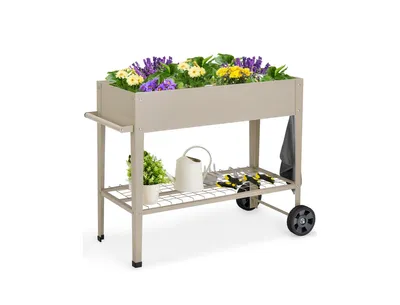 Metal Raised Garden Bed with Storage Shelf Hanging Hooks and Wheels-Light Brown