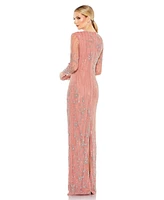 Mac Duggal Women's Embellished High Neck Illusion Long Sleeve Gown