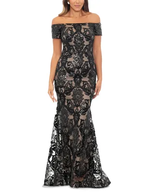 Xscape Women's Sequined Mesh Off-The-Shoulder Gown