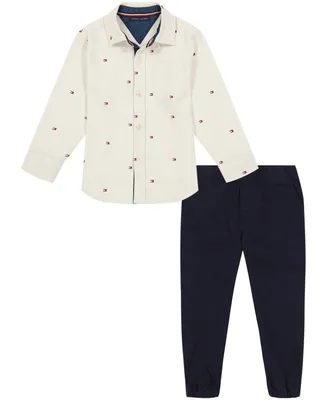 Tommy Hilfiger Baby Boys Flag-Print Twill Long Sleeve Button-Front Shirt and Twill Joggers, 2 Piece Set