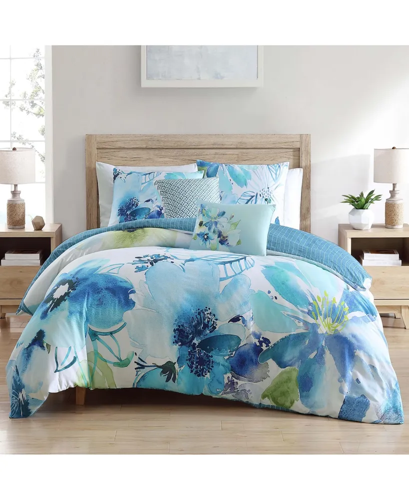 Bebejan Watercolor Blue Bedding 200 Thread Count 100% Cotton Sateen 5 Piece Queen Size Reversible Comforter Set