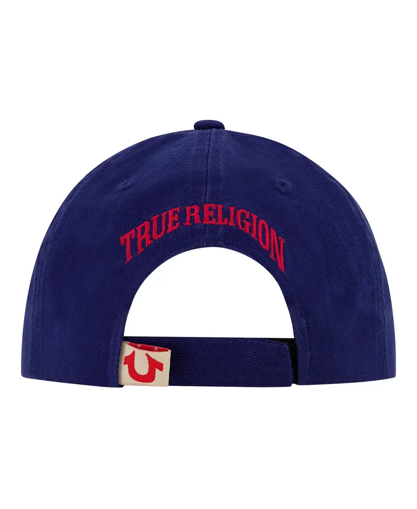 True Religion Baseball Cap, 5 Panel Cotton Twill Boys Baseball Hat with Large Horseshoe Logo, Adjustable, Blue