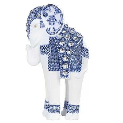 Fc Design 9"H Standing Long Legged Elephant with Decorative Gem Statue Slim Elephant in Blue and White Feng Shui Decoration Figurine Home Decor Perfec
